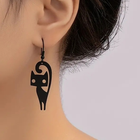 NEW! Halloween Black Cat Dangle Earrings 2" Mid Century Modern, on trend! - Picture 5 of 5